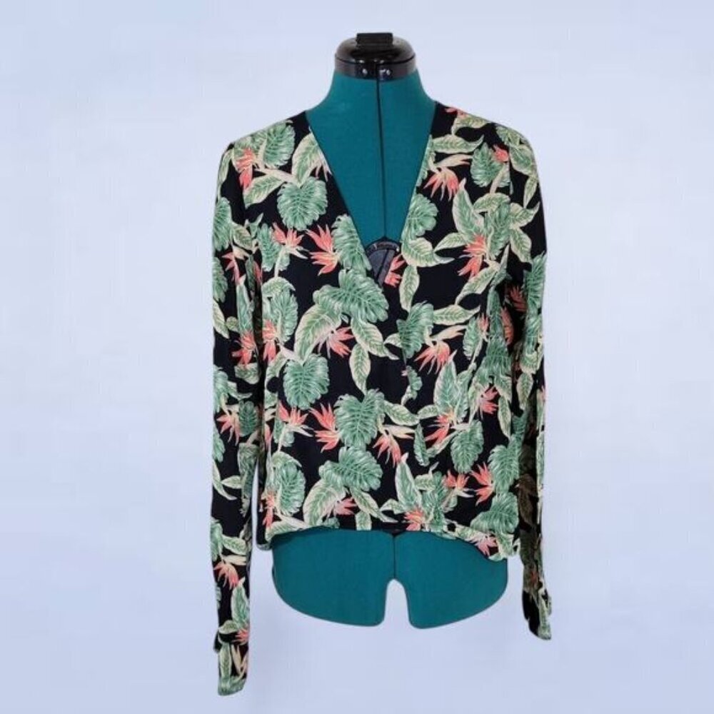 For Love & Lemons Black Tropical Leaf Print Blouse with Coral Accents